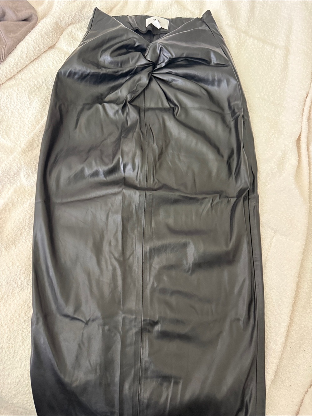 Twist-Front Pencil Skirt in Black Faux Leather
